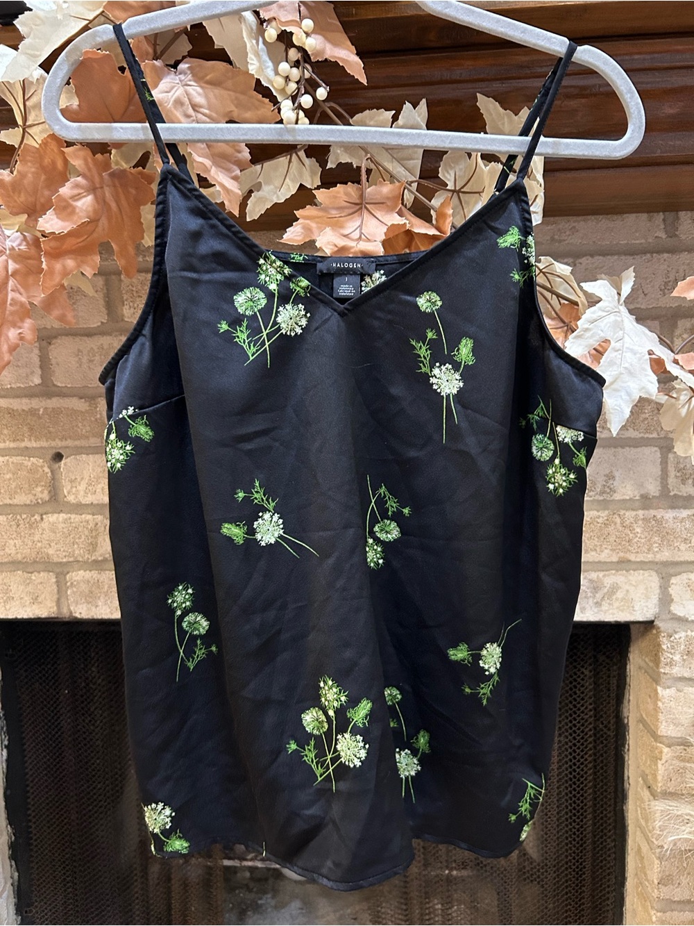 Halogen Black Floral Slip Cami with Green Botanical Print EUC